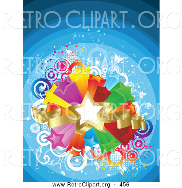 Retro Clipart of a Golden Star and Ribbons over a Bursting Island of Yellow, Purple, Orange, Red, Green and Blue Stars over a Gradient Blue Striped Retro Background of Circles and Butterflies
