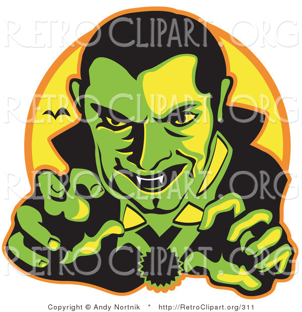 Retro Clipart of a Green Male Vampire with Dark Hair Slicked Back, Reaching Outwards While Grinning and Showing His Fangs As a Vampire Bat Flies in the Distance