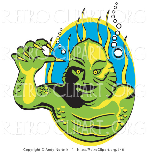 Retro Clipart of a Green Swamp Monster with Yellow Talons and Scaly Skin, Breathing Underwater with Bubbles and Aquatic Plants Behind Him