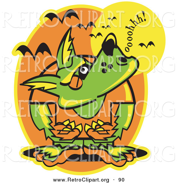 Retro Clipart of a Green Werewolf Howling at the Moon As Vampire Bats Fly Above