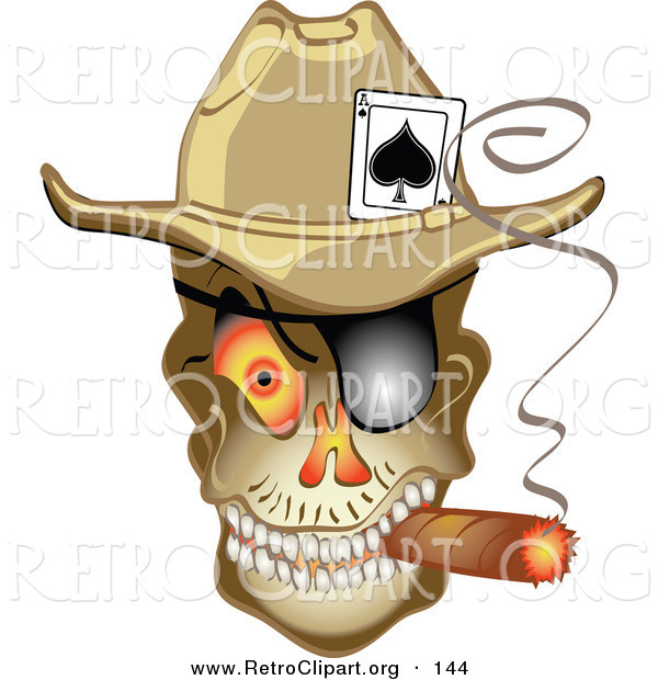 Retro Clipart of a Grinning Evil Skeleton Cowboy with an Ace of Spades in His Hat, Smoking a Cigar