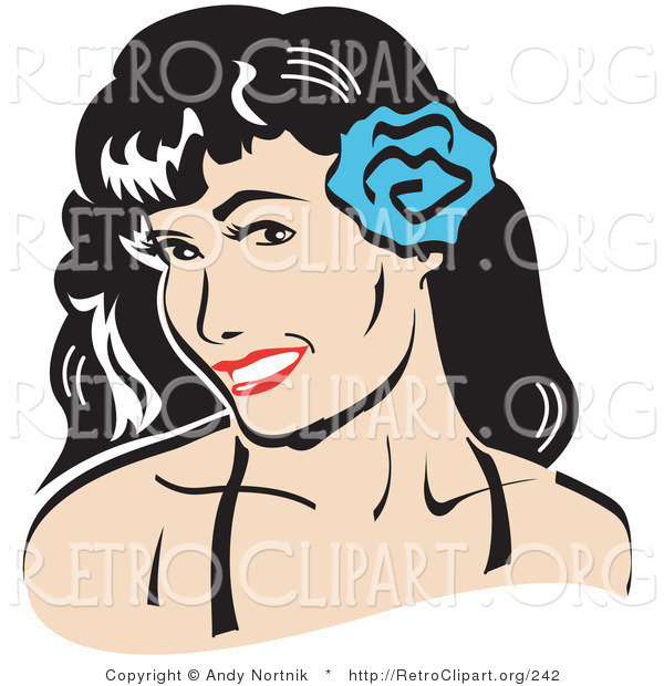 Retro Clipart of a Grinning Pretty Brunette Woman with a Blue Flower in Her Hair