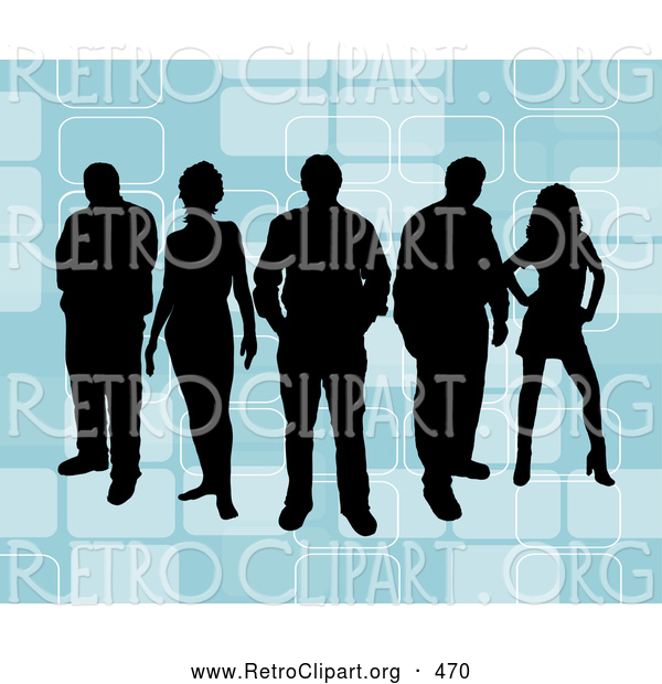 Retro Clipart of a Group of 5 Black Silhouetted People Standing over a Retro Blue Background with Rectangle Designs
