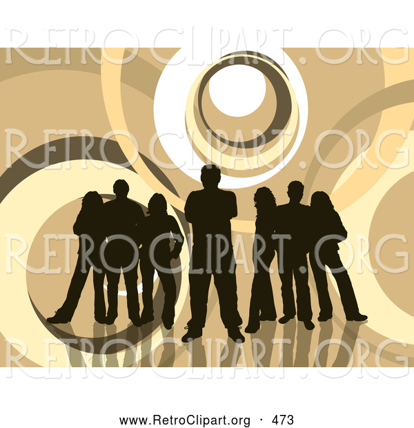 Retro Clipart of a Group of 5 Dark Brown Silhouetted People Standing over a Retro Brown and White Background with Circles