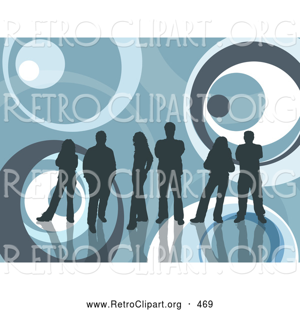 Retro Clipart of a Group of Dark Blue Silhouetted People Standing with Reflections over a Blue Retro Background with Circle Patterns