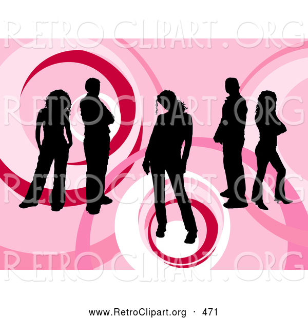 Retro Clipart of a Group of Five Black Silhouetted People Standing over a Retro Pink Circular Background with Circle Designs
