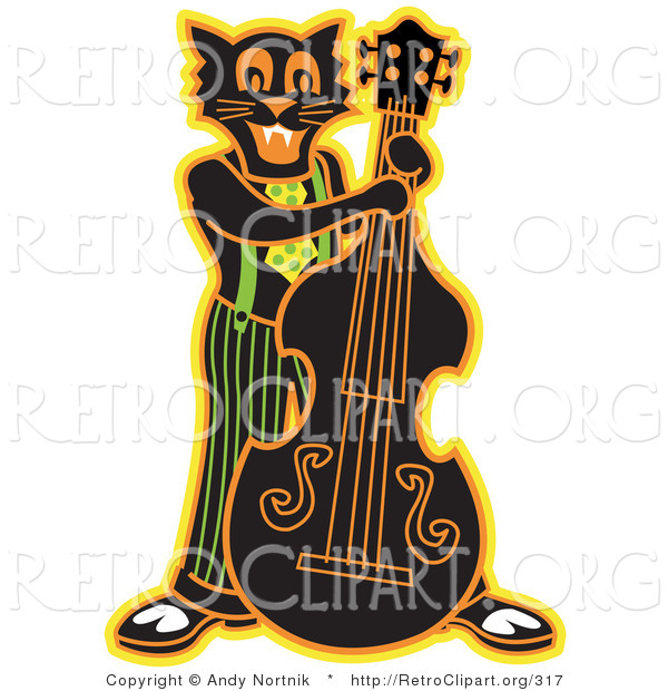 Retro Clipart of a Halloween Black Cat Playing a Bass Fiddle in a Band