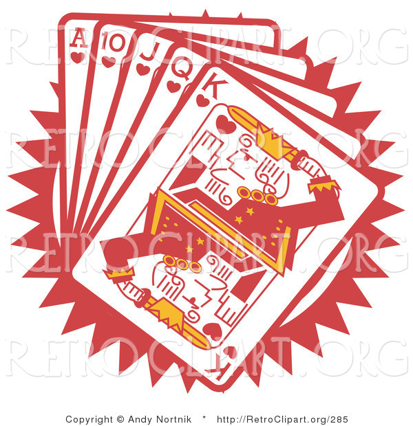 Retro Clipart of a Hand of Red Poker Playing Cards Including the Ace of Hearts, 10 of Hearts, Jack of Hearts, Queen of Hearts and King of Hearts
