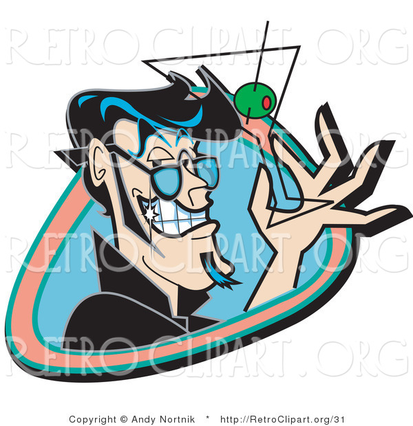 Retro Clipart of a Handsome Black Haired Man Grinning and Holding up a Martini Glass with an Olive Using Two Fingers