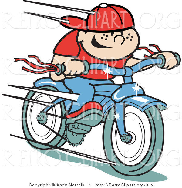 Retro Clipart of a Happy Boy Riding a Brand New Blue Bike Downhill