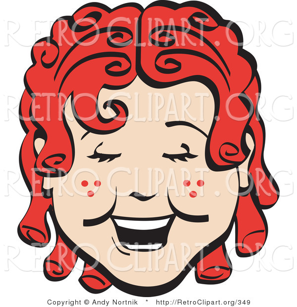 Retro Clipart of a Happy Curly Red Haired Girl with a Few Freckles, Laughing