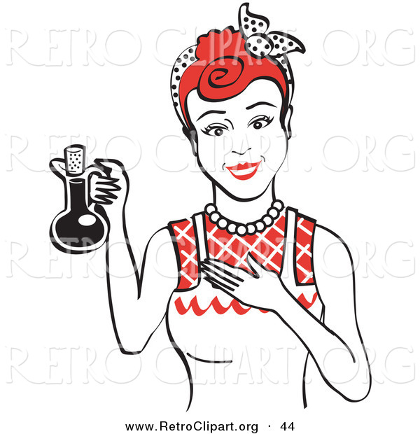 Retro Clipart of a Happy Housewife Woman in an Apron, Holding up a Bottle of Cooking Oil