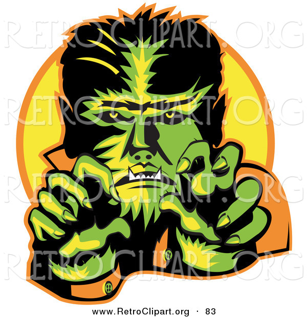 Retro Clipart of a Happy Male Werewolf Showing Fangs and Talons While Cast in Green and Yellow Lighting