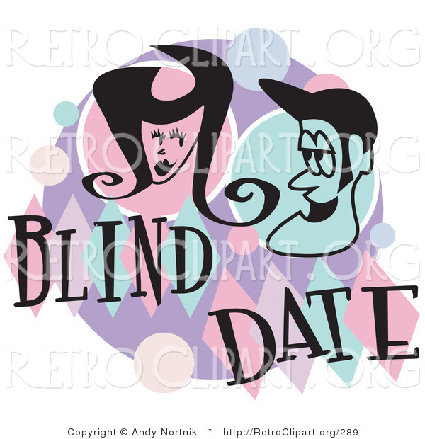 Retro Clipart of a Happy Man and Woman Grinning at Each Other While on a Blind Date