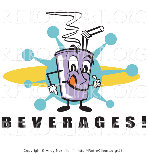Retro Clipart of a Happy Purple Cup Holding Fountain Soda and a Straw