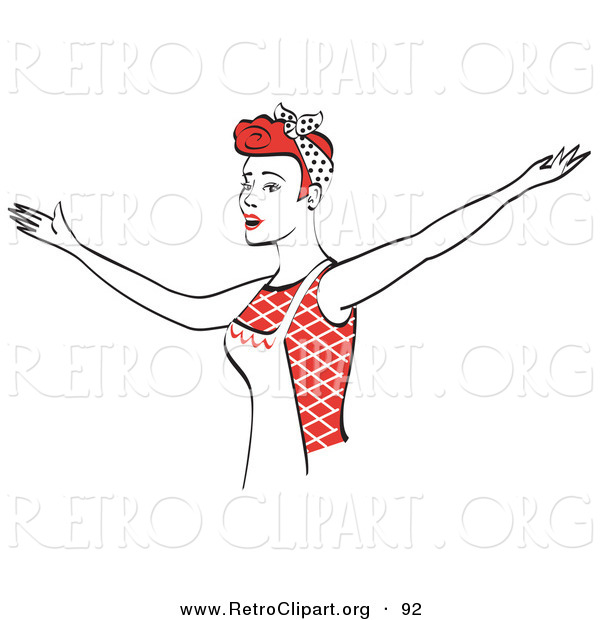 Retro Clipart of a Happy Red Haired Housewife or Maid Woman Singing and Dancing While Wearing an Apron