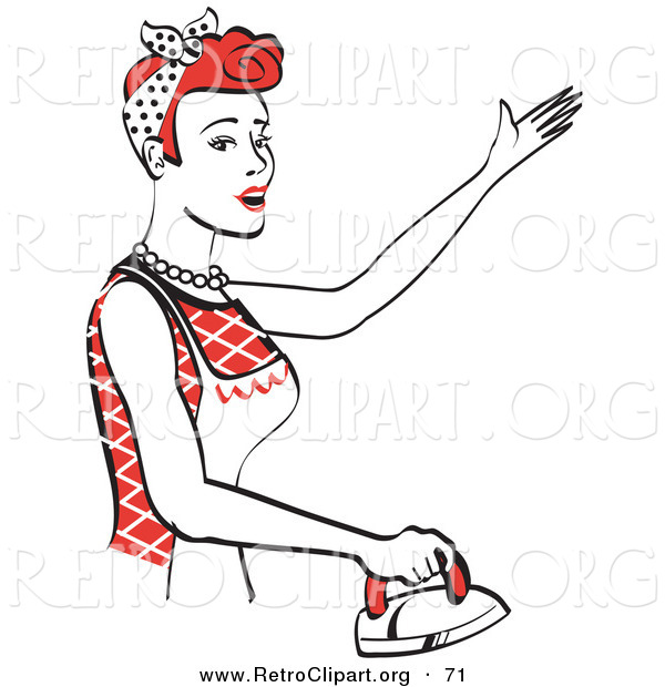Retro Clipart of a Happy Red Haired Housewife or Maid Woman Singing While Ironing Clothes and Doing the Laundry