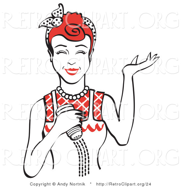 Retro Clipart of a Happy Red Haired Woman Smiling and Using a Salt Shaker While Cooking