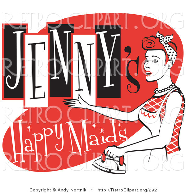 Retro Clipart of a Happy Red Headed Woman in an Apron, Ironing Clothes on a Vintage Jenny's Happy Maids Advertisement