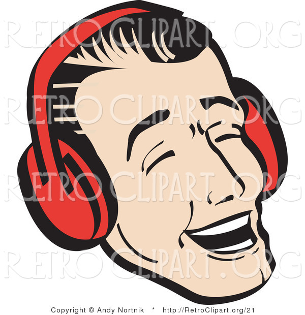 Retro Clipart of a Happy Young Man Wearing Ear Red Muffs and Singing Christmas Carols
