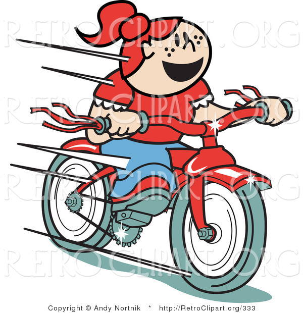 Retro Clipart of a Happy Young Red Haired Girl Speeding Downhill on Her Brand New Red Bike