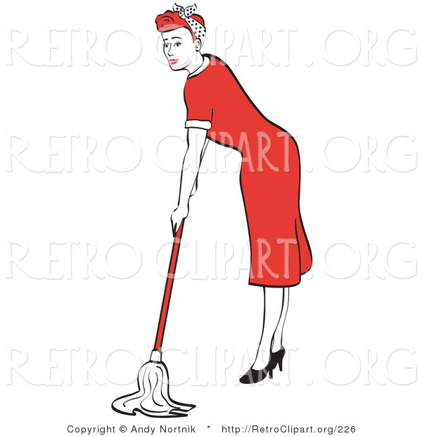 Retro Clipart of a Hard Working Red Haired Housewife or Maid Woman in a Long Red Dress and High Heels Using a Mop to Clean the Floors