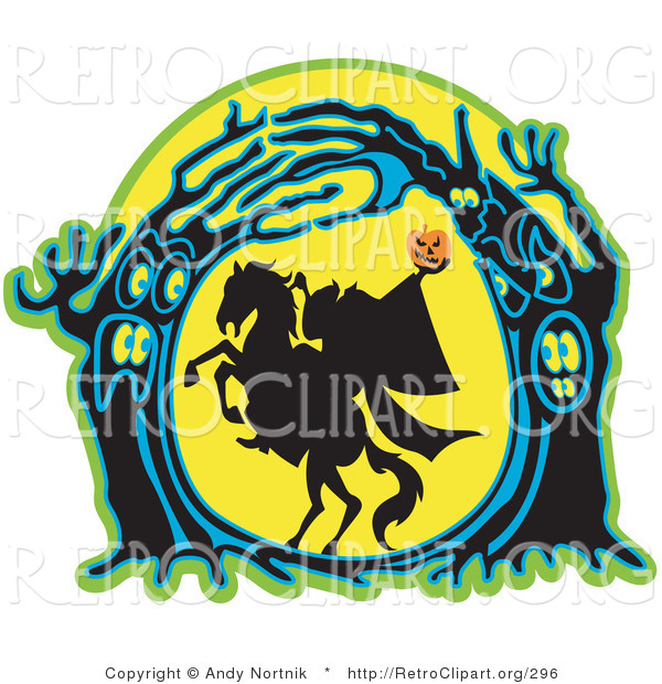 Retro Clipart of a Headless Horseman Holding His Pumpkin Head up High As His Horse Rears up in a Haunted Forest of Evil Trees, Silhouetted Against the Full Moon