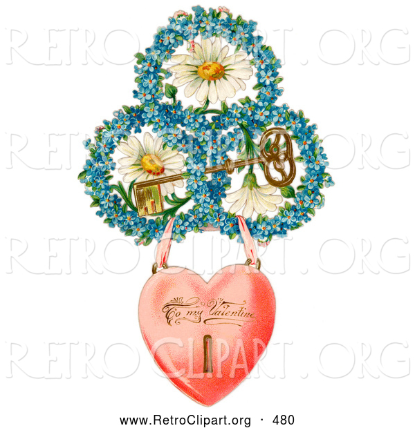 Retro Clipart of a Heart Locket Suspended from Rings of Blue Flowers Around White Daisies with a Gold Skeleton Key Circa 1890, on White