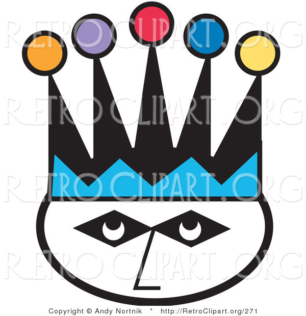 Retro Clipart of a Joker's Face Wearing a Jester Hat with Colorful Poms