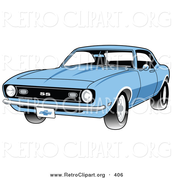Retro Clipart of a Light Blue 1968 Chevrolet SS Camaro Muscle Car with a Chrome Bumper Driving Forward