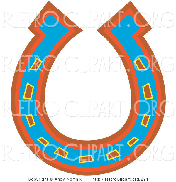 Retro Clipart of a Lucky Blue, Red and Orange Horseshoe on a Solid White Background