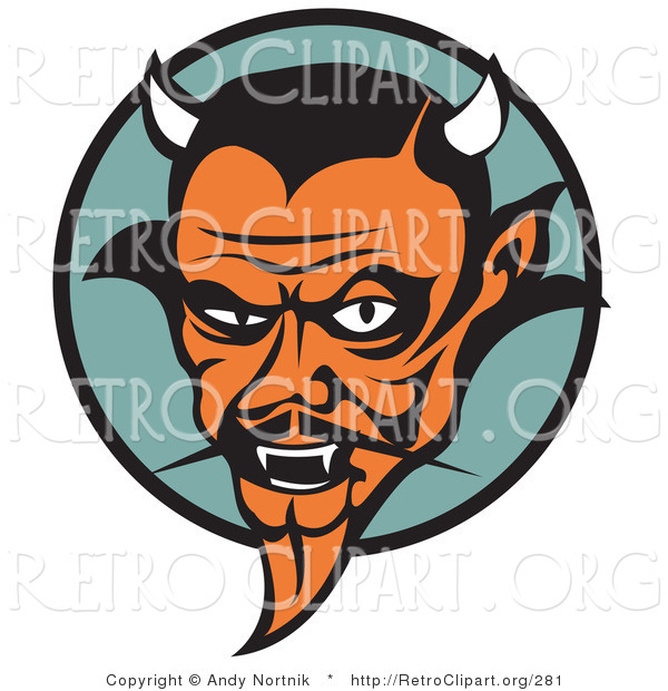 Retro Clipart of a Mean Old Orange Male Devil with Fangs and Horns