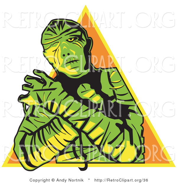 Retro Clipart of a Mummy Wrapped up with His Arms Crossed in Front of Him and Cast in Green and Yellow Hues over an Orange Pyramid