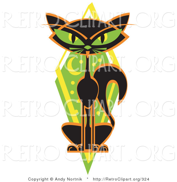 Retro Clipart of a Mysterious Thin Black Cat with Green Eyes Sitting in Front of a Green Diamond with the Moon and Stars