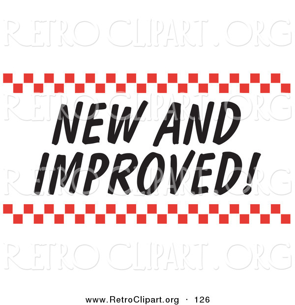 Retro Clipart of a New and Improved Sign with Red Checker Borders on White