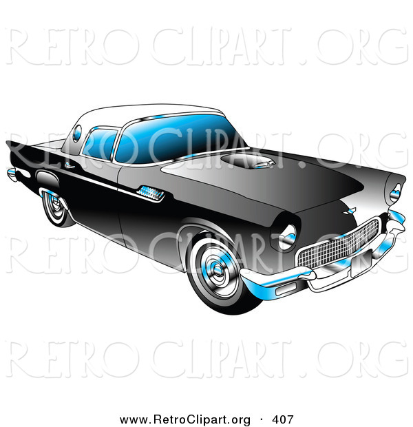 Retro Clipart of a New Black 1955 Ford Thunderbird Car with a White Removable Fiberglass Top and Chrome Accents