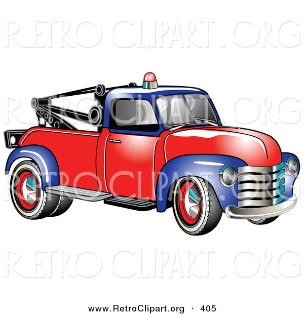 Retro Clipart of a New Vintage Blue and Red 1953 Chevy Tow Truck with a Light on Top of the Roof
