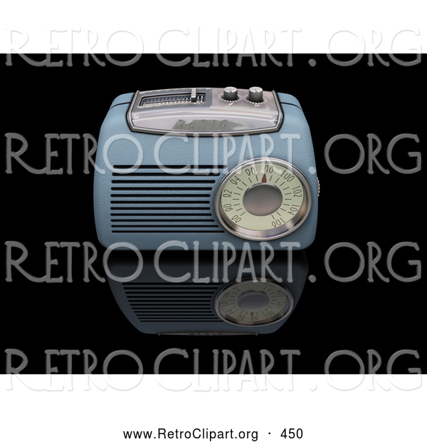 Retro Clipart of a Old Fashioned Vintage Blue Radio with a Station Tuner, on a Reflective Black Surface