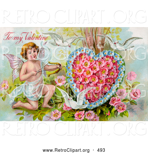 Retro Clipart of a Old Fashioned Vintage Valentine of Three White Doves Flying Around Cupid Aiming an Arrow at a Heart Made of Pink Poppies and Blue Forget Me Nots, Circa 1910