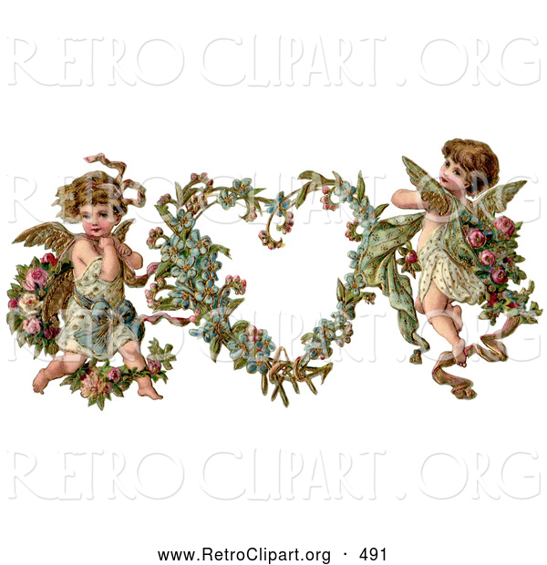 Retro Clipart of a Old Fashioned Vintage Valentine of Two Adorable Cupids with Roses Beside a Gilded Forget Me Not Valentine Heart Wreath