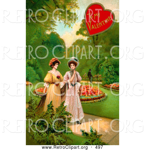 Retro Clipart of a Old Fashioned Vintage Valentine of Two Ladies Strolling Through a Garden and Talking About a Man in the Background