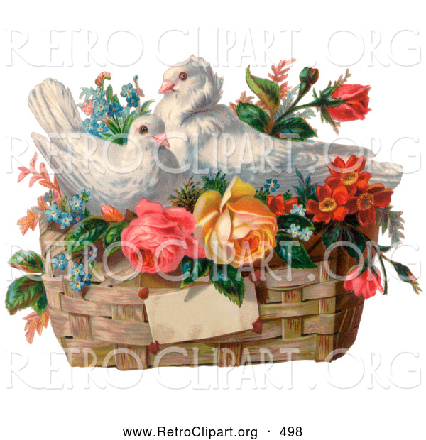 Retro Clipart of a Old Fashioned Vintage Valentine of Two White Doves Nesting in a Basket of Forget Me Nots and Roses, Circa 1890