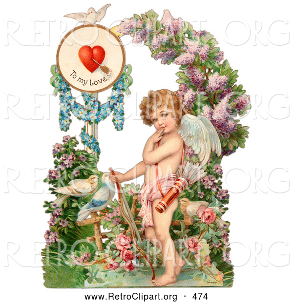 Retro Clipart of a Painting of a Vintage Valentine of Cupid Resting His Bow on the Ground in a Flower Garden Circa 1890