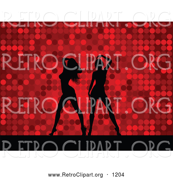 Retro Clipart of a Pair of Black Silhouetted Women Dancing over a Retro Red Dotted Background