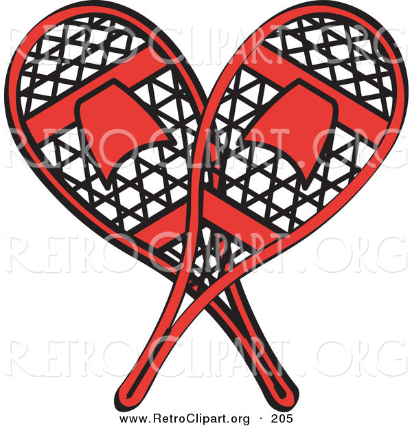 Retro Clipart of a Pair of Red Snowshoes Crossed on White