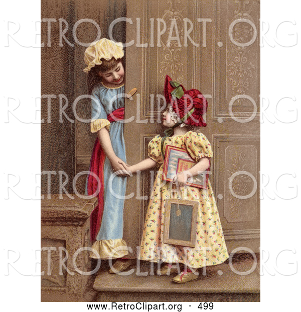Retro Clipart of a Pair of Two Little Sisters at a Doorway, Smiling and Holding Hands, Circa 1880