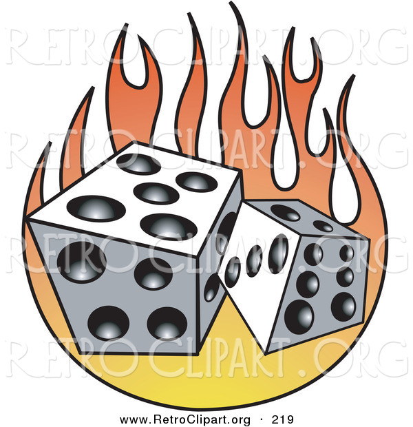Retro Clipart of a Pair of Two White and Black Dice and Flames