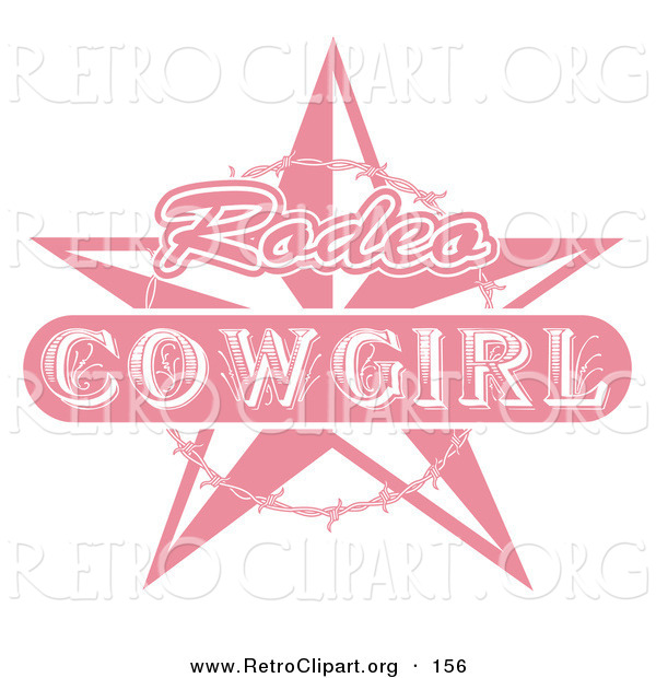 Retro Clipart of a Pale Pink Rodeo Cowgirl Sign with a Star and Barbed Wire over White