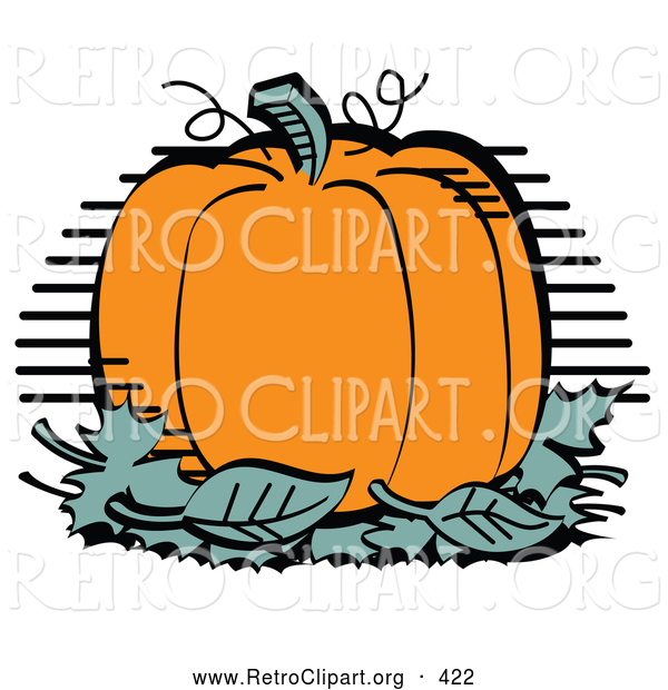 Retro Clipart of a Pile of Green Leaves and a Pumpkin