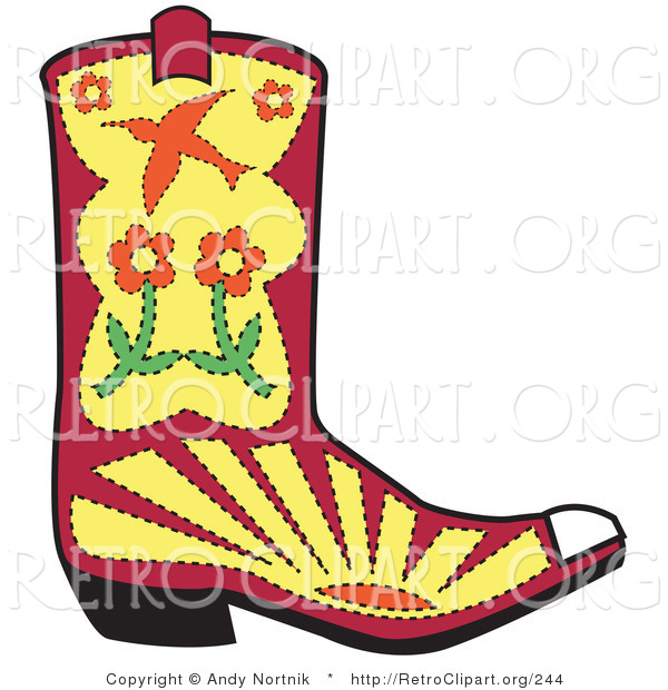 Retro Clipart of a Pink Cowgirl Boot with Flowers, Sunset and a Bird Facing Right